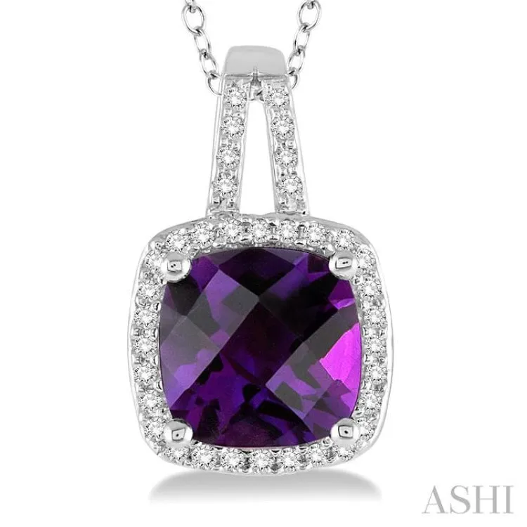 8x8 MM Cushion Cut Amethyst and 1/5 Ctw Round Cut Diamond Pendant in 10K White Gold with Chain