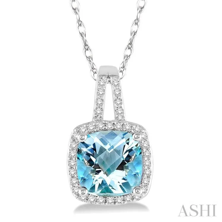 8x8 MM Cushion Shape Aquamarine and 1/5 Ctw Round Cut Diamond Pendant in 10K White Gold with Chain