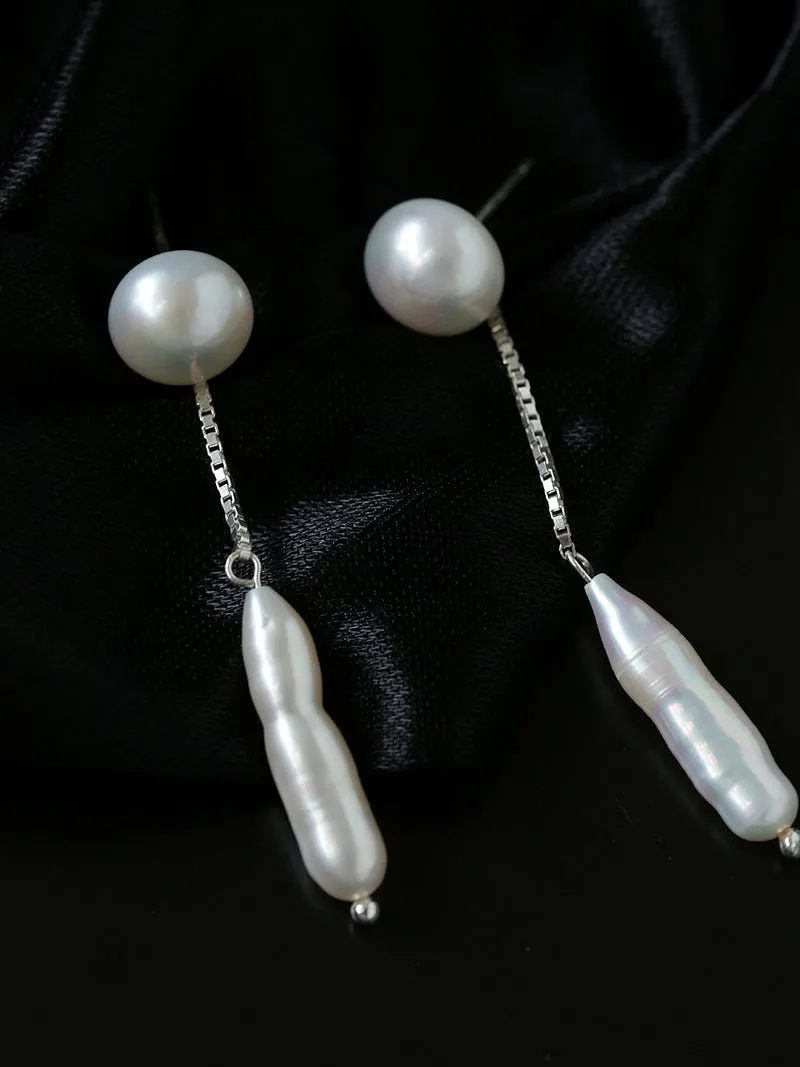 925 Silver Toothpick Dangle Pearl Earrings