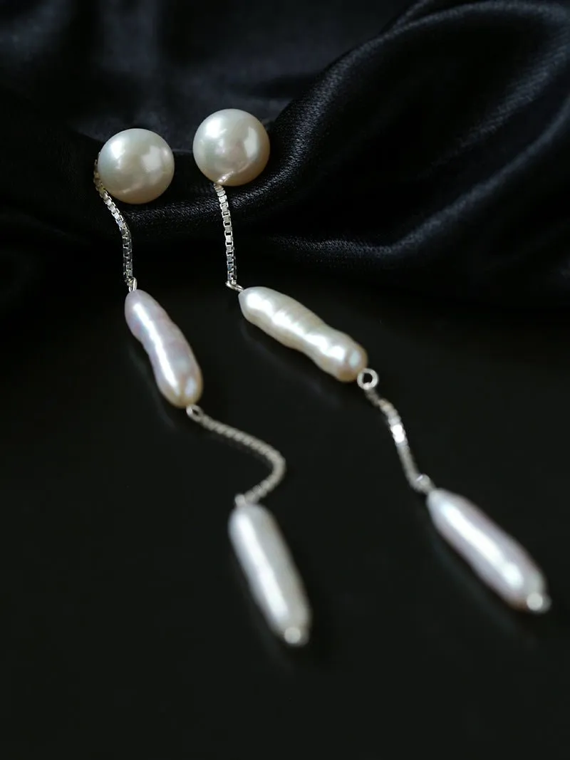 925 Silver Toothpick Dangle Pearl Earrings