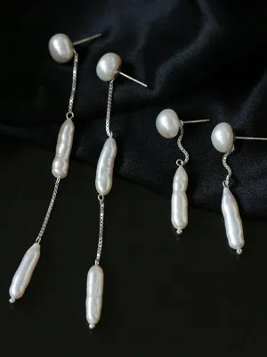 925 Silver Toothpick Dangle Pearl Earrings