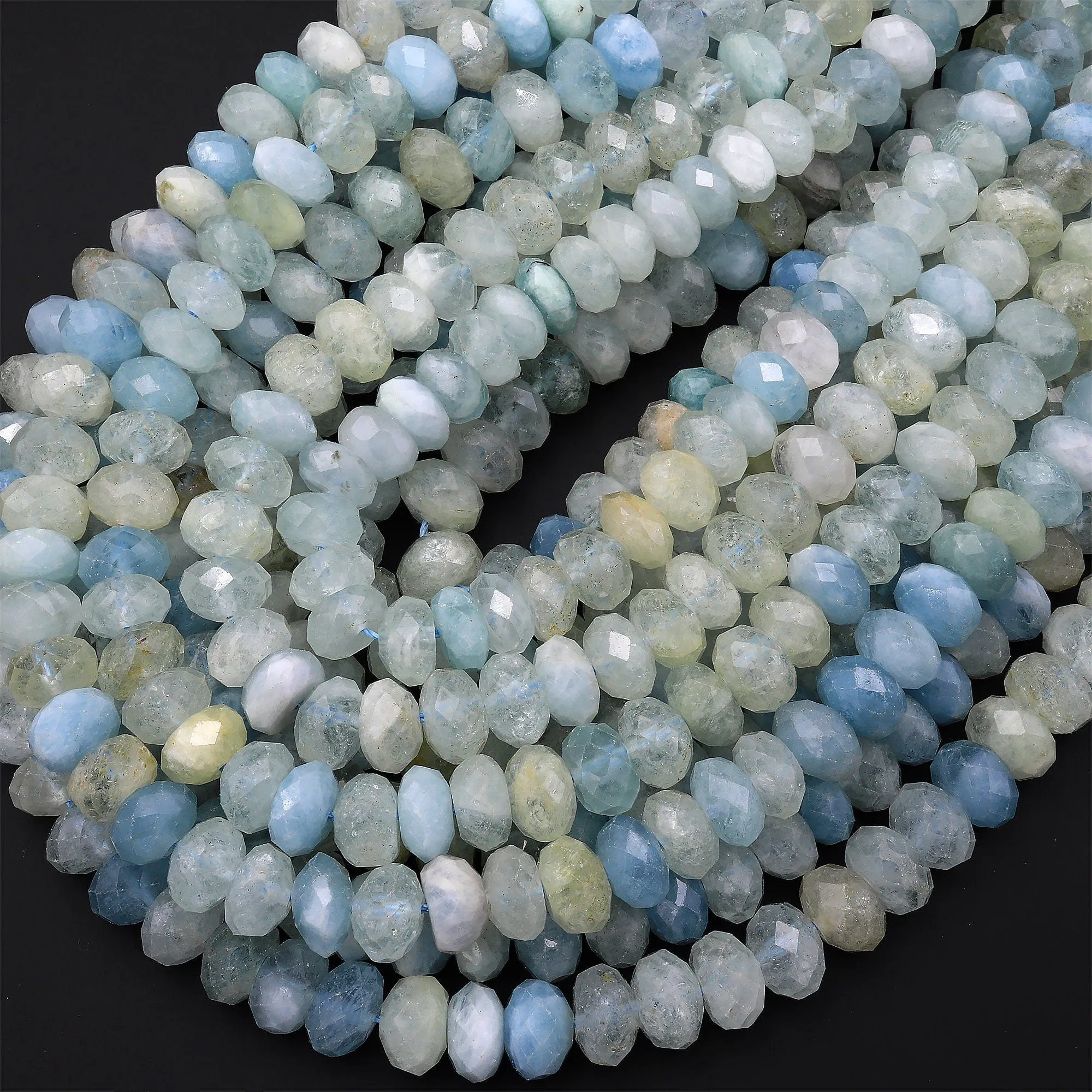 AA Translucent Large Natural Blue Aquamarine Faceted Rondelle Beads 8mm 10mm 15.5" Strand