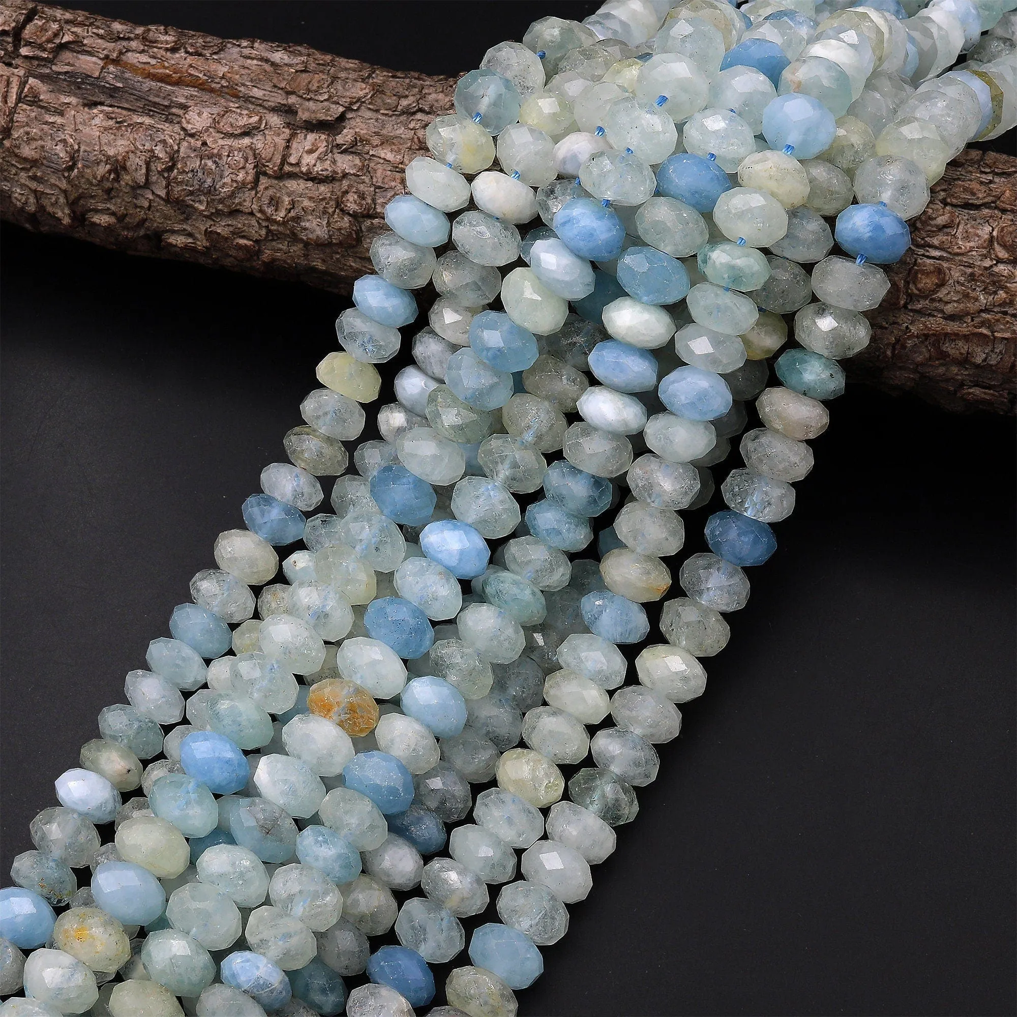 AA Translucent Large Natural Blue Aquamarine Faceted Rondelle Beads 8mm 10mm 15.5" Strand