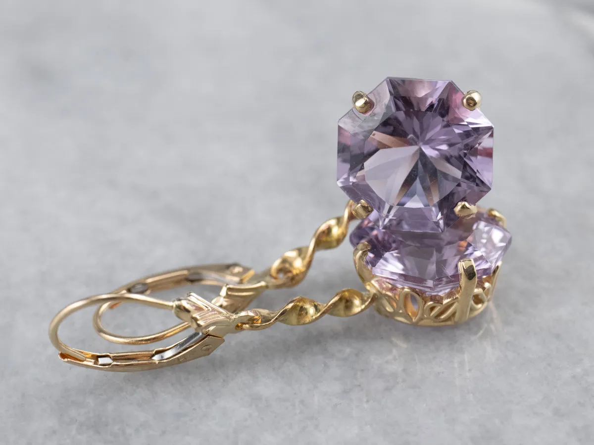 Amethyst Twisting Gold Drop Earrings