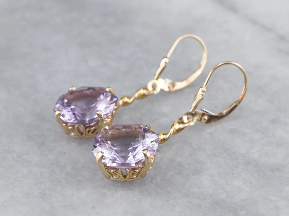 Amethyst Twisting Gold Drop Earrings