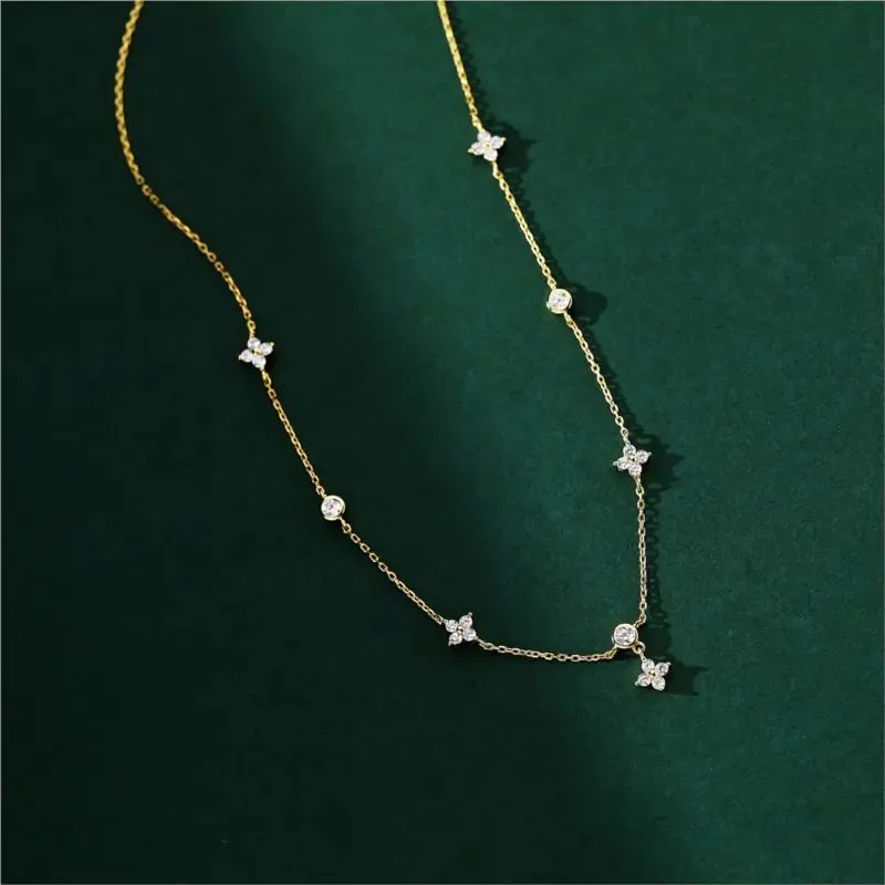 ANENJERY Inlaid Zircon Four-leaf Flower Chain Necklace for Women