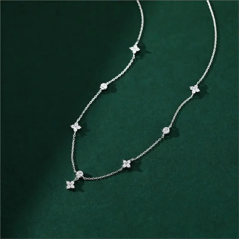 ANENJERY Inlaid Zircon Four-leaf Flower Chain Necklace for Women