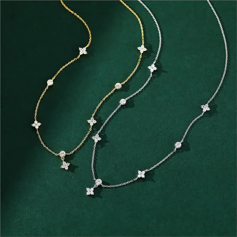 ANENJERY Inlaid Zircon Four-leaf Flower Chain Necklace for Women