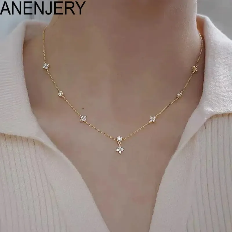 ANENJERY Inlaid Zircon Four-leaf Flower Chain Necklace for Women