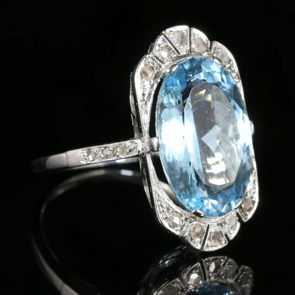 Antique Edwardian Aquamarine Rose Cut Diamond Ring 7.80Ct Aquamarine 18Ct White Gold