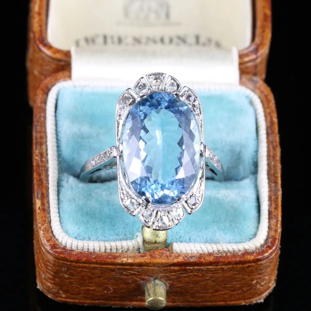 Antique Edwardian Aquamarine Rose Cut Diamond Ring 7.80Ct Aquamarine 18Ct White Gold