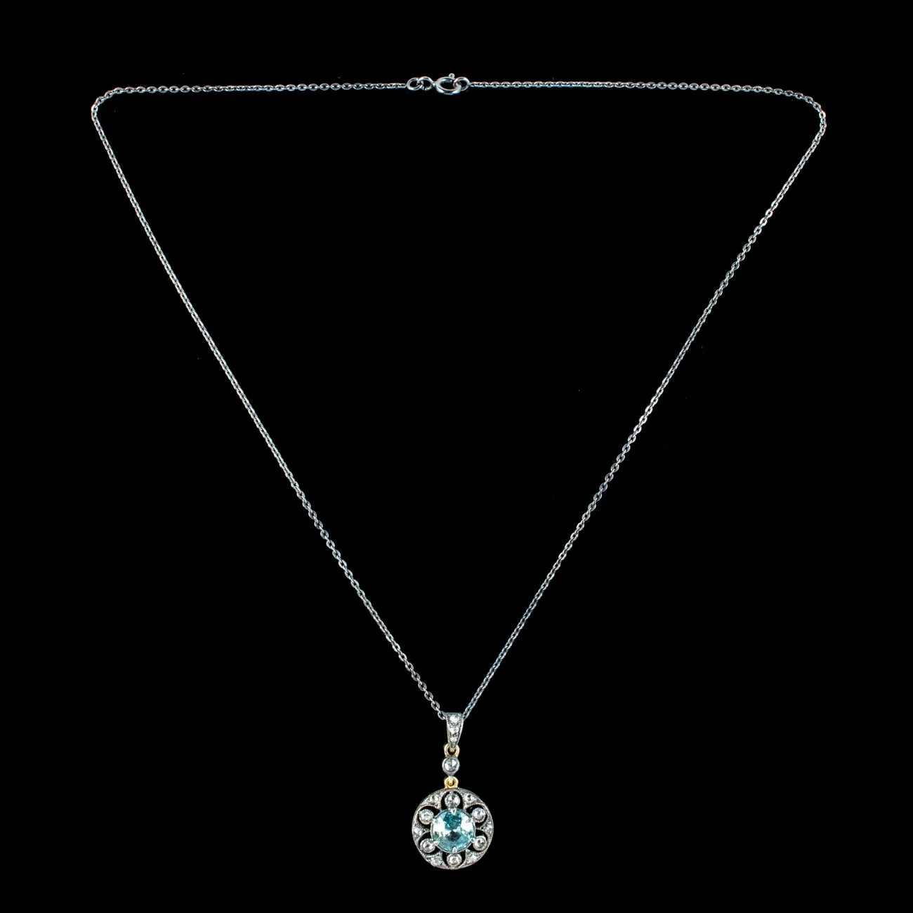 Antique Edwardian Blue Zircon Diamond Pendant Necklace