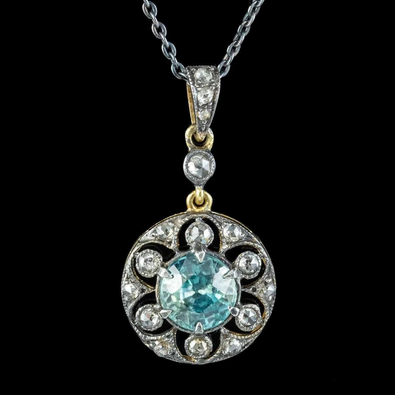 Antique Edwardian Blue Zircon Diamond Pendant Necklace