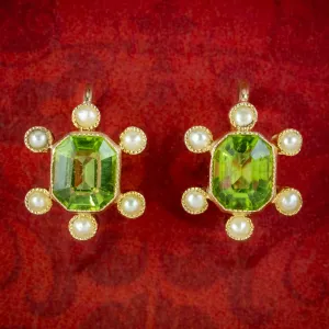 Antique Edwardian Peridot Pearl Earrings 15ct Gold