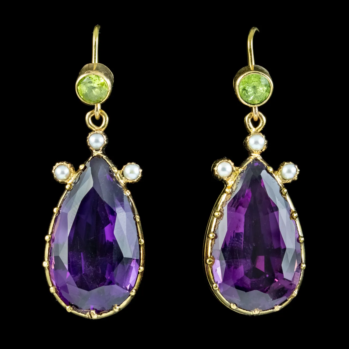 Antique Edwardian Suffragette Amethyst Peridot Pearl Earrings 18ct Gold Circa 1910