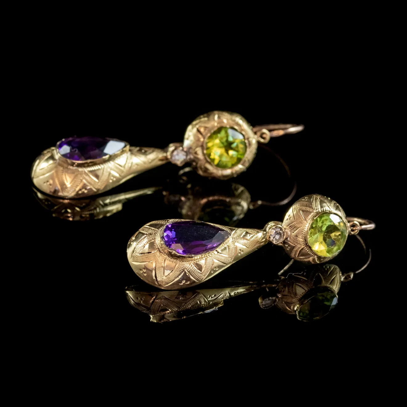 Antique French Suffragette Drop Earrings Peridot Amethyst Diamond 15ct Gold Circa 1920