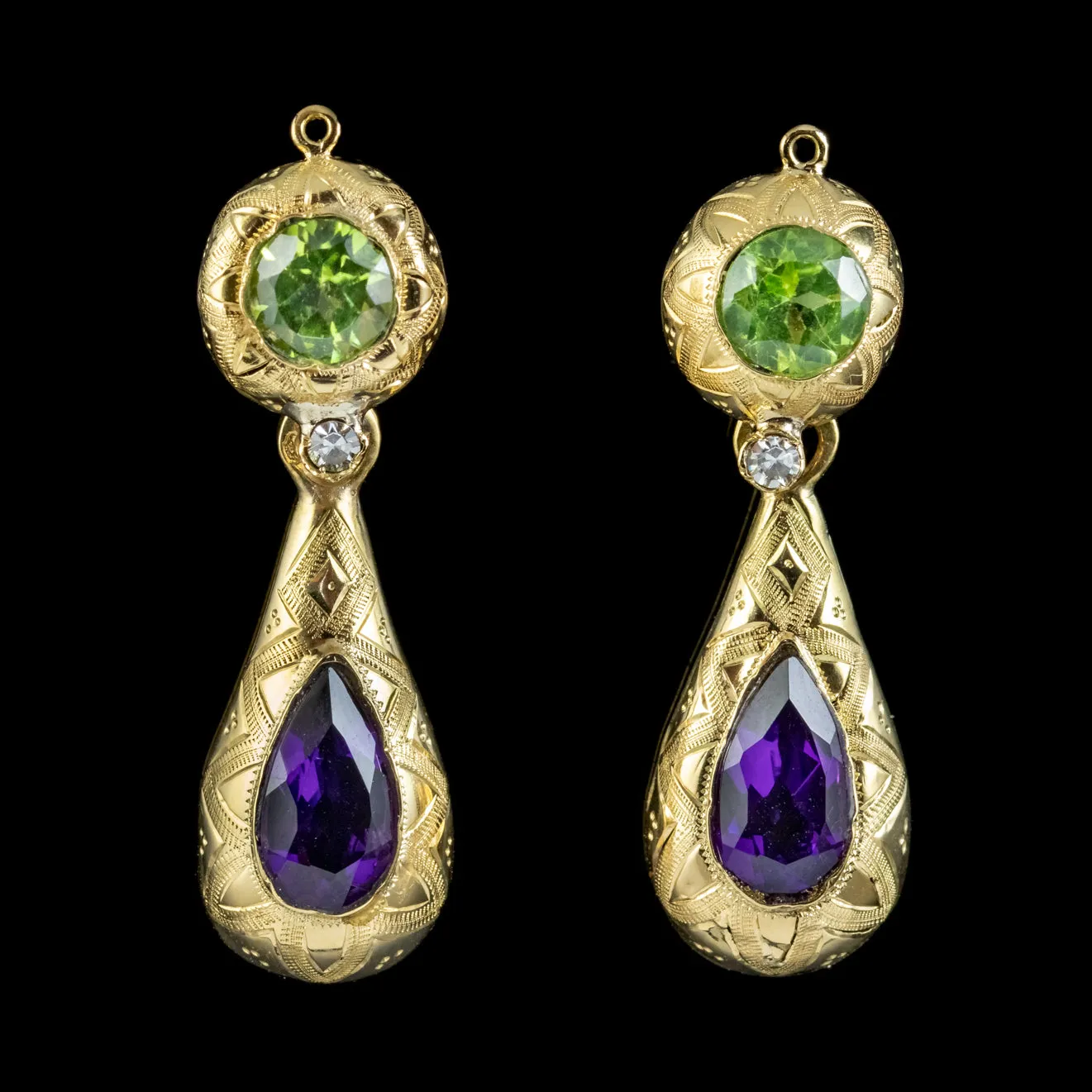 Antique French Suffragette Drop Earrings Peridot Amethyst Diamond 15ct Gold Circa 1920