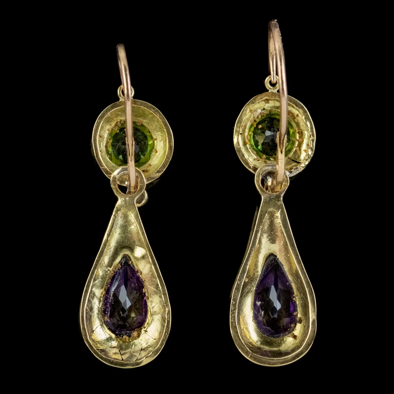 Antique French Suffragette Drop Earrings Peridot Amethyst Diamond 15ct Gold Circa 1920