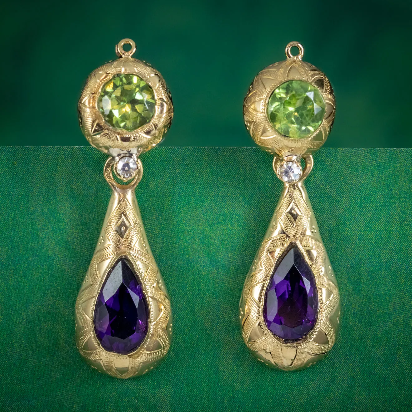 Antique French Suffragette Drop Earrings Peridot Amethyst Diamond 15ct Gold Circa 1920