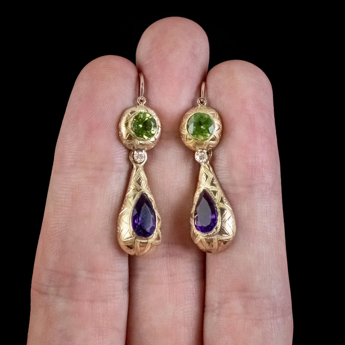 Antique French Suffragette Drop Earrings Peridot Amethyst Diamond 15ct Gold Circa 1920