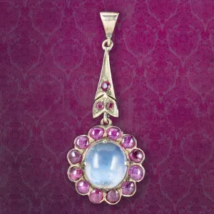 Antique Victorian Ruby Moonstone Flower Pendant 15ct Gold 3.5ct Moonstone