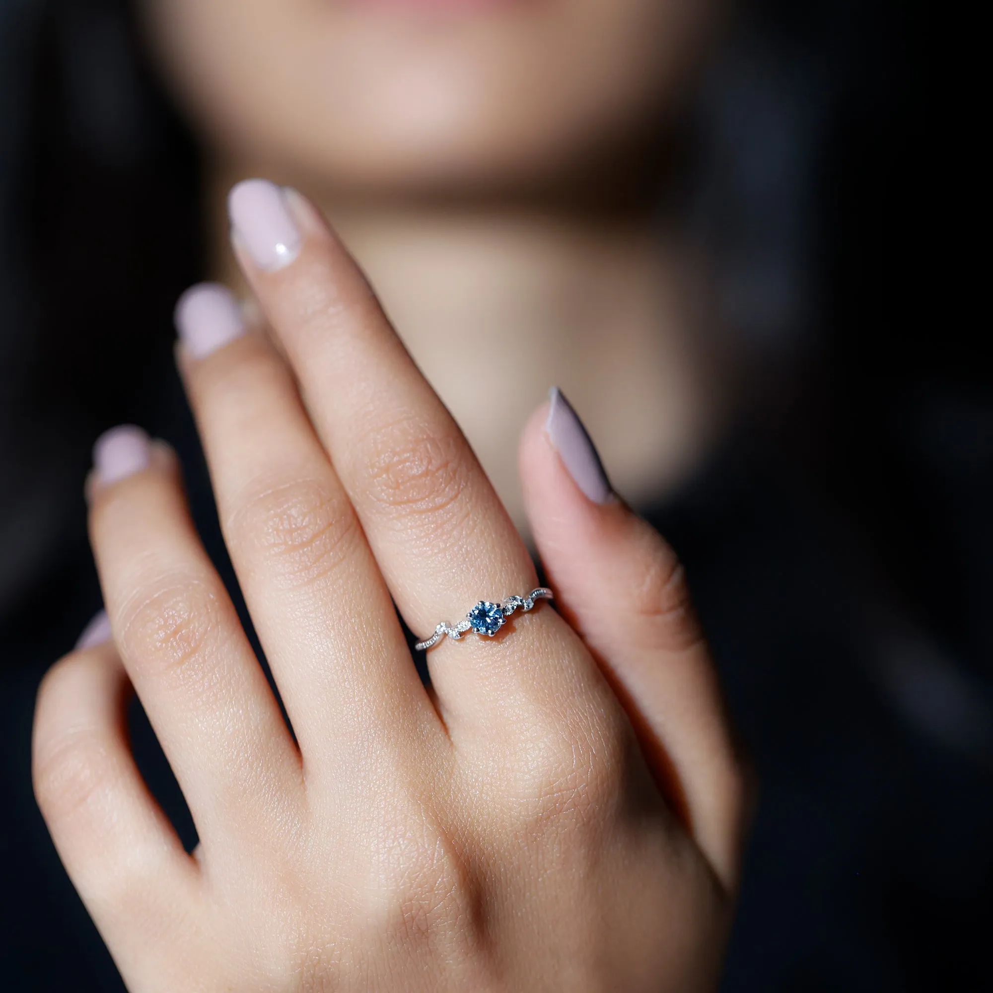 Aquamarine and Diamond Minimal Leaf Promise Ring