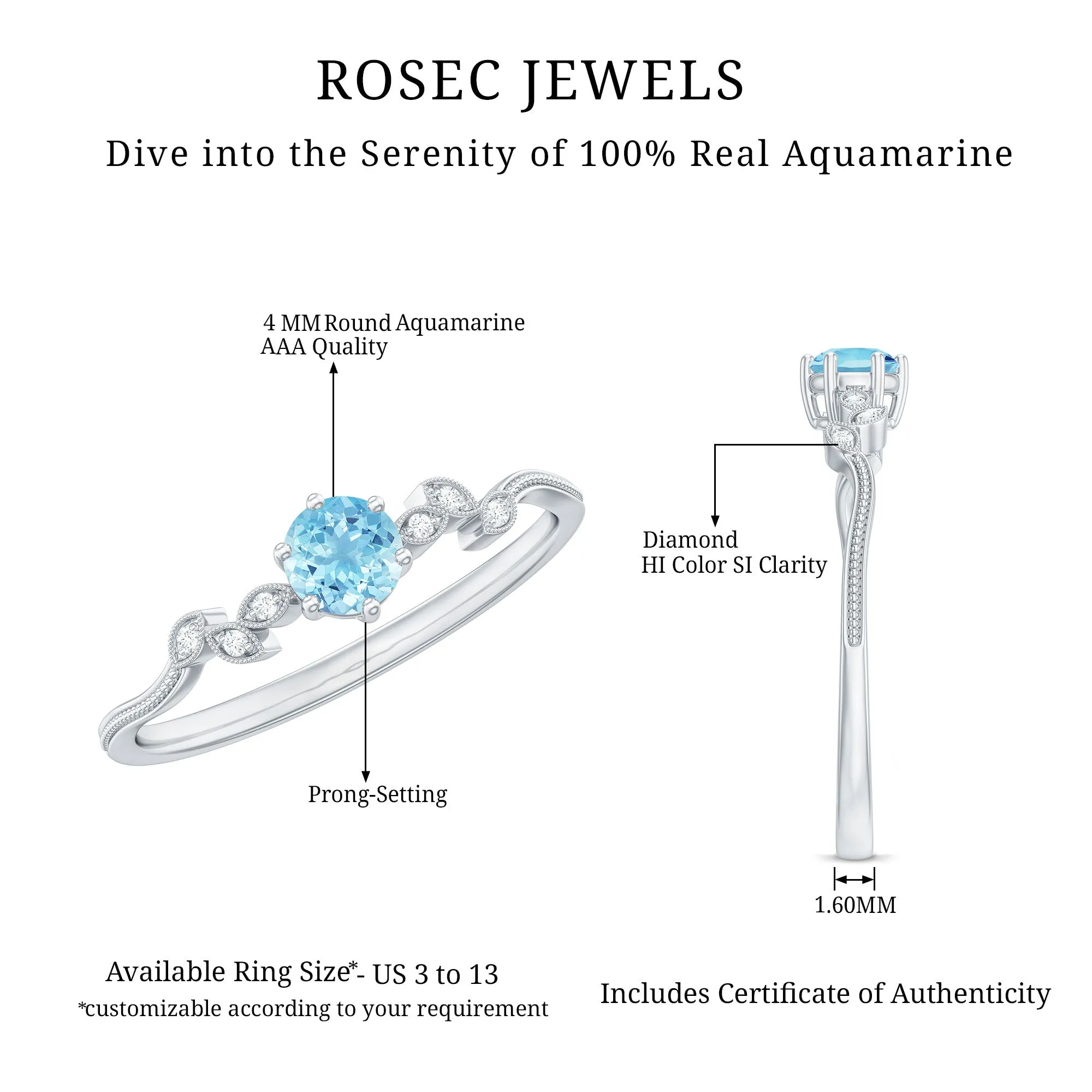 Aquamarine and Diamond Minimal Leaf Promise Ring