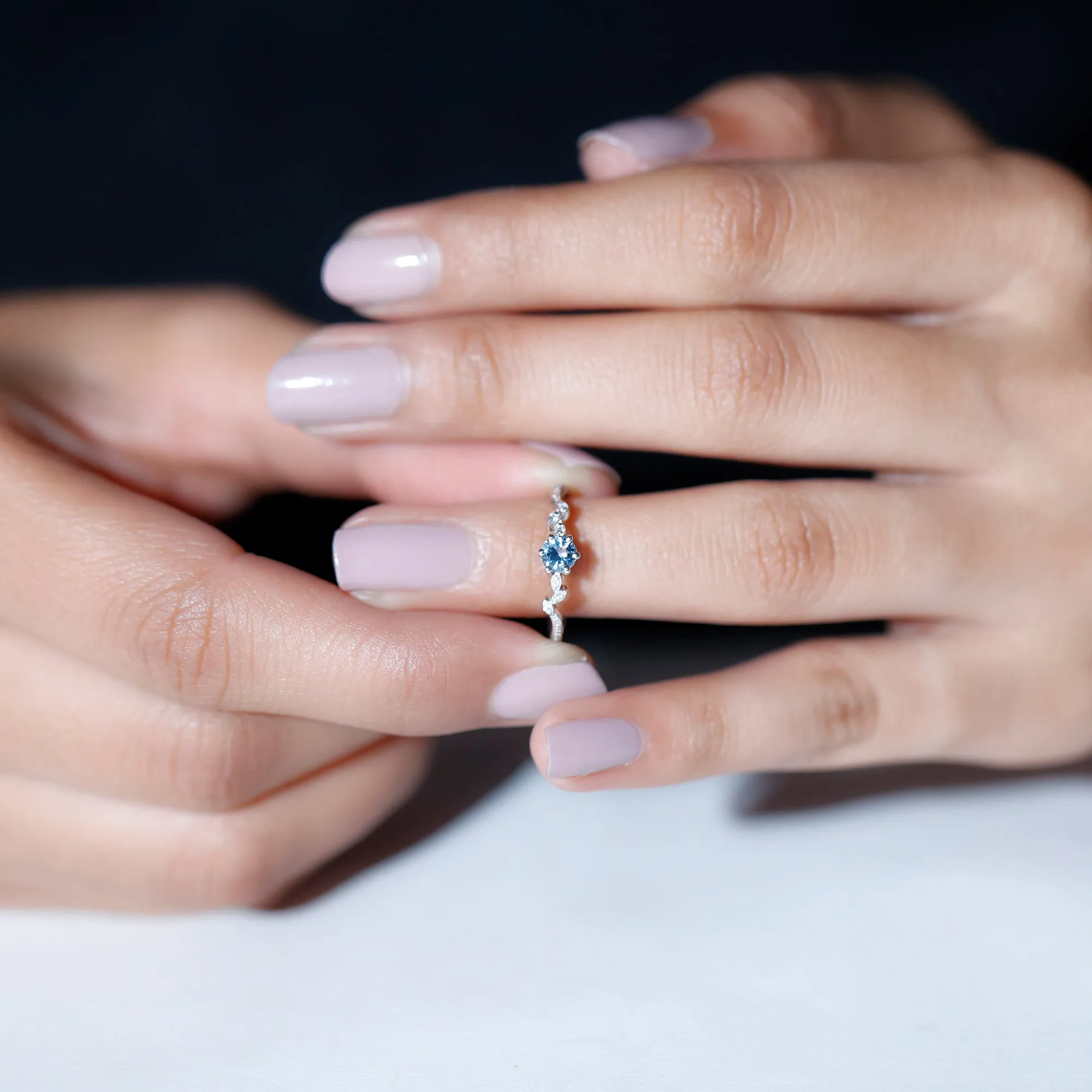 Aquamarine and Diamond Minimal Leaf Promise Ring