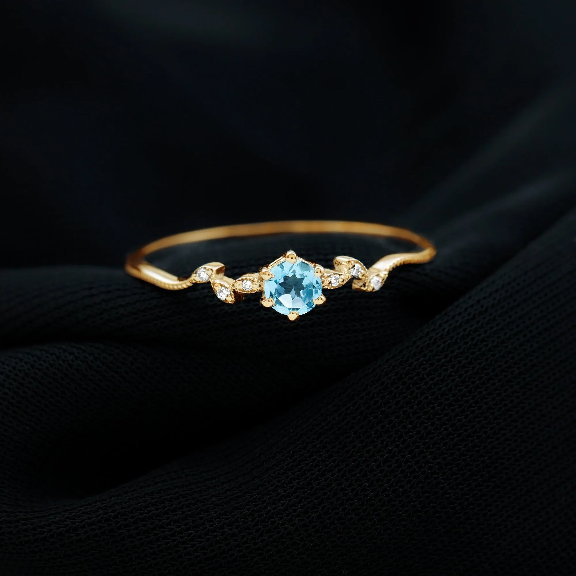 Aquamarine and Diamond Minimal Leaf Promise Ring