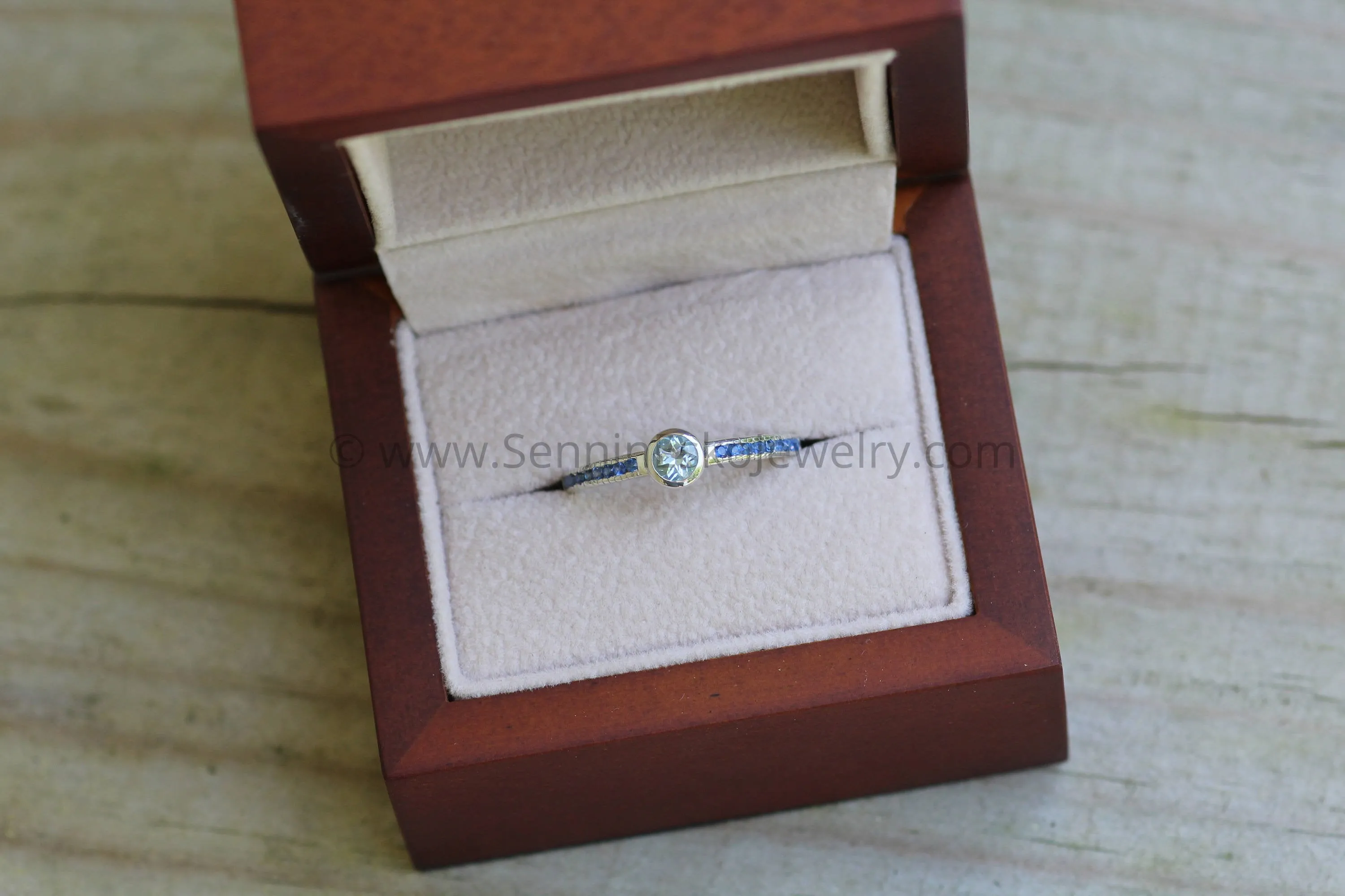 Aquamarine and Sapphire Engagement Ring - Alternative Engagement Ring - Bezel Ring - Conflict Free Engagement Ring - Recycled