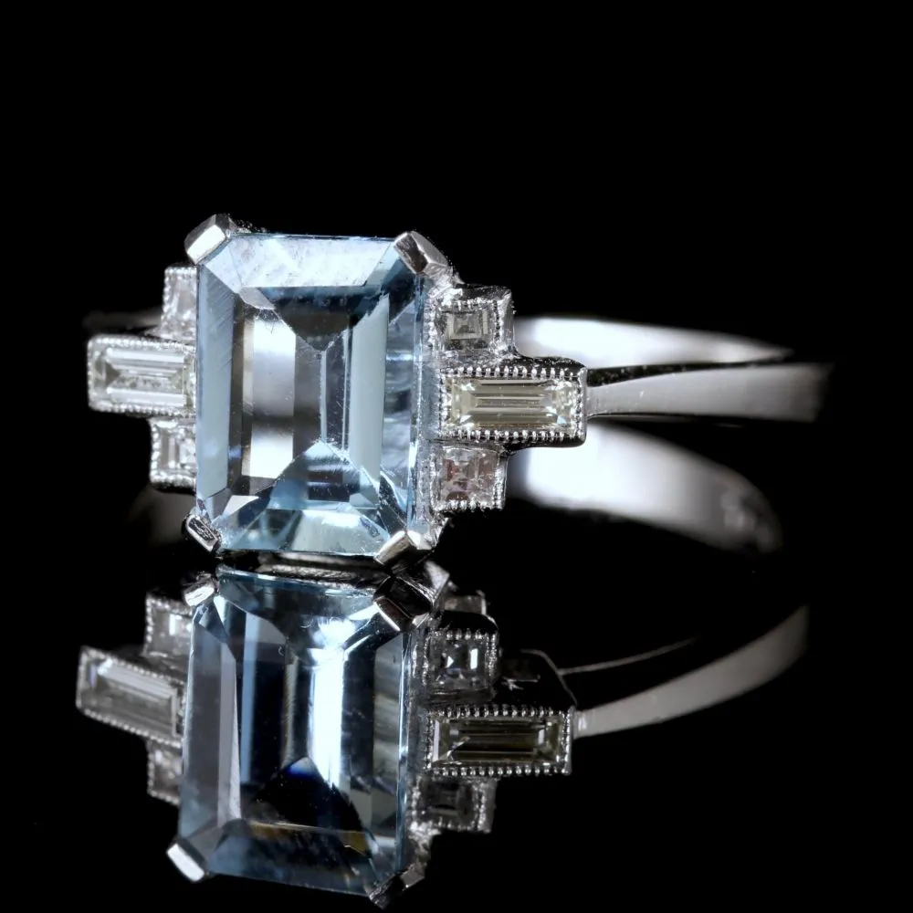 Aquamarine Diamond Ring Platinum Engagement Ring