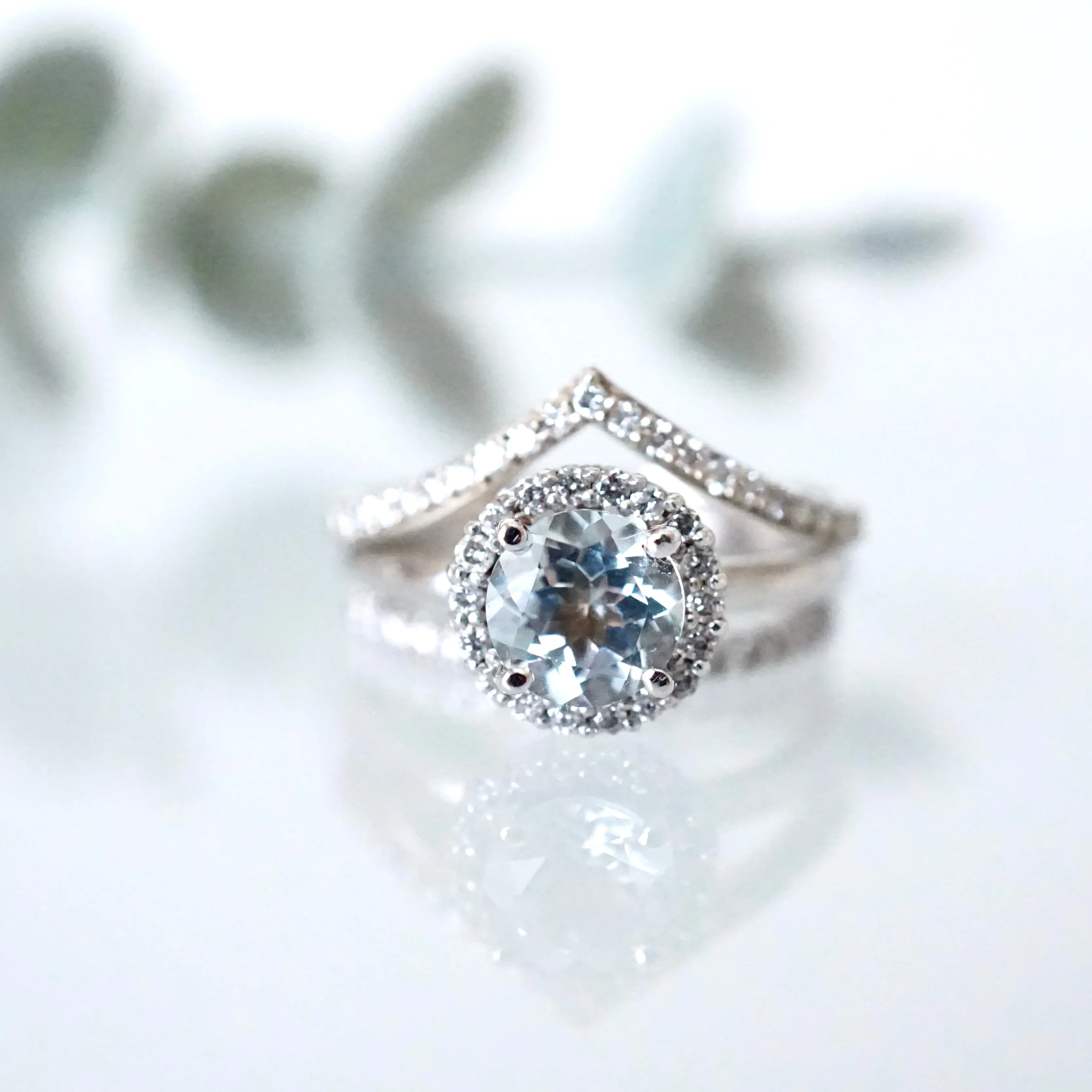 Aquamarine Halo Engagement Ring - Genuine Aquamarine Ring 14k White Gold