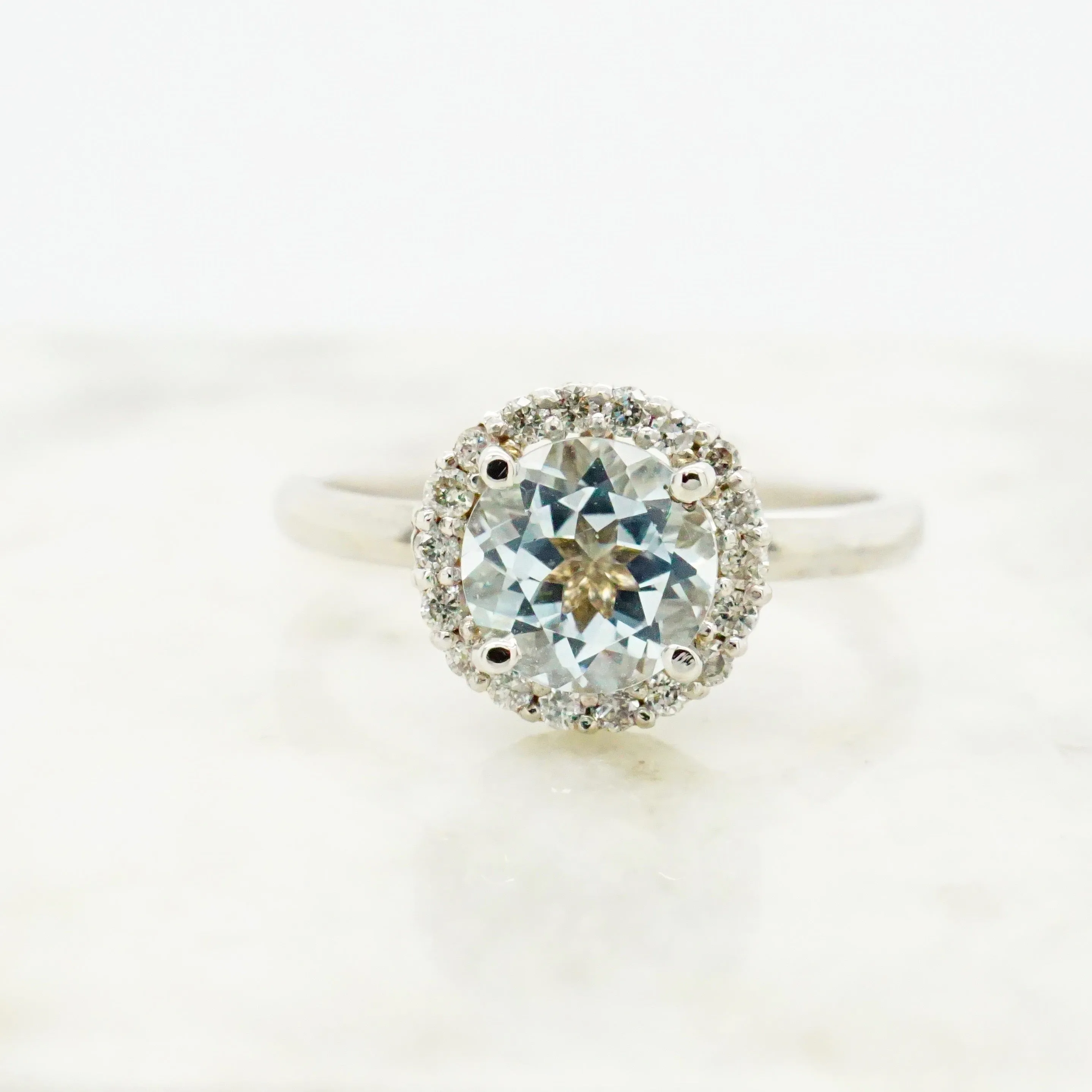 Aquamarine Halo Engagement Ring - Genuine Aquamarine Ring 14k White Gold