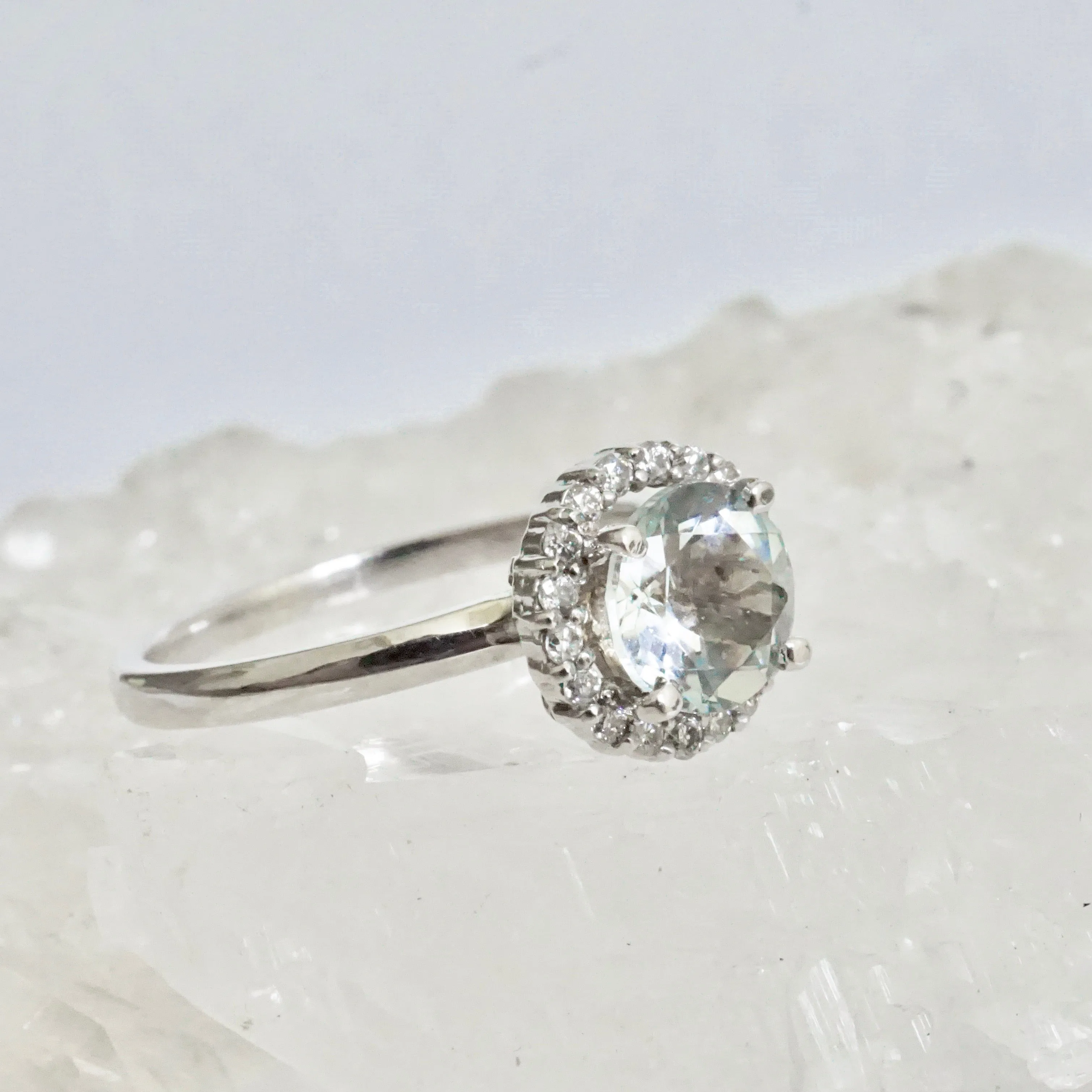 Aquamarine Halo Engagement Ring - Genuine Aquamarine Ring 14k White Gold