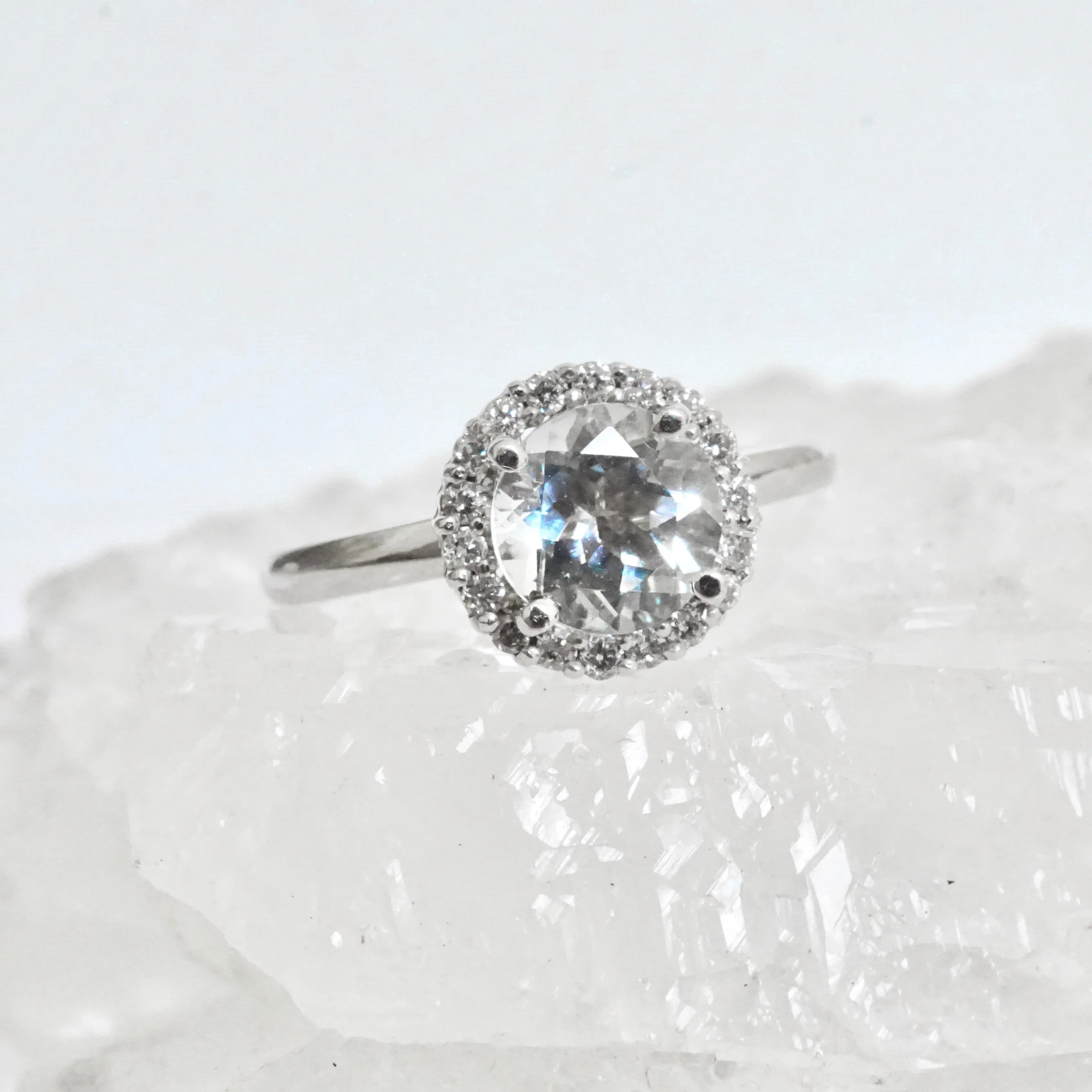 Aquamarine Halo Engagement Ring - Genuine Aquamarine Ring 14k White Gold