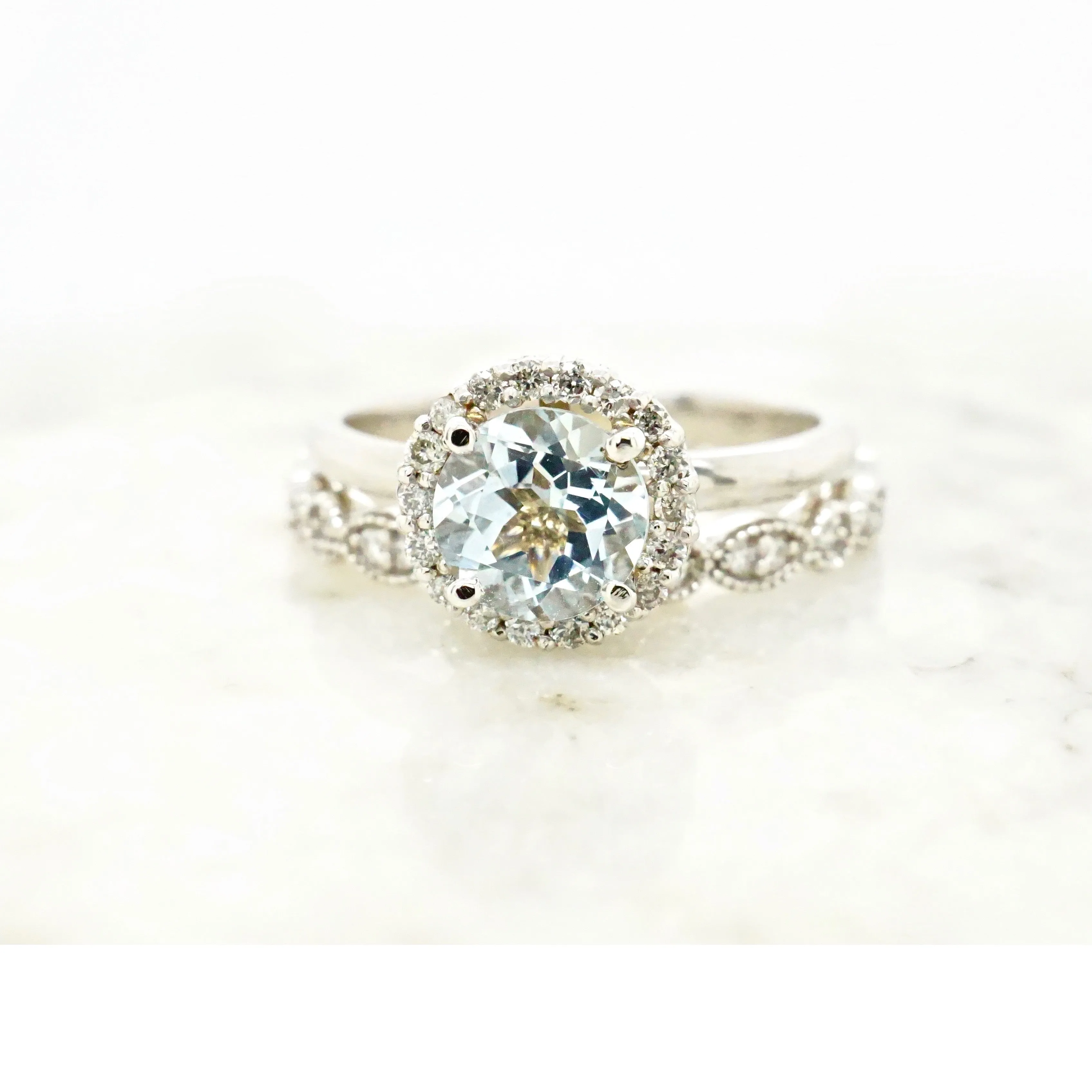 Aquamarine Halo Engagement Ring - Genuine Aquamarine Ring 14k White Gold