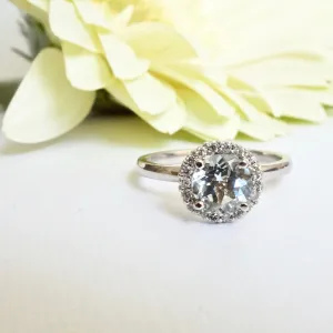 Aquamarine Halo Engagement Ring - Genuine Aquamarine Ring 14k White Gold