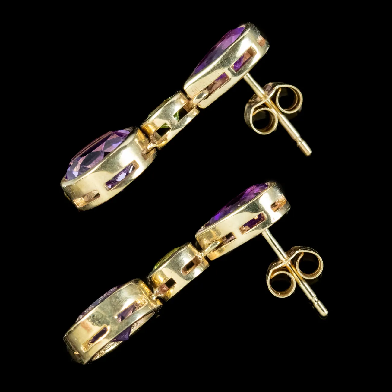 Art Deco Style Amethyst Peridot Drop Earrings 9ct Gold