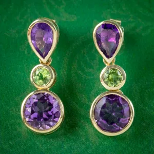 Art Deco Style Amethyst Peridot Drop Earrings 9ct Gold