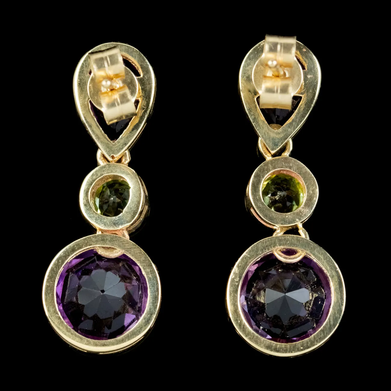 Art Deco Style Amethyst Peridot Drop Earrings 9ct Gold