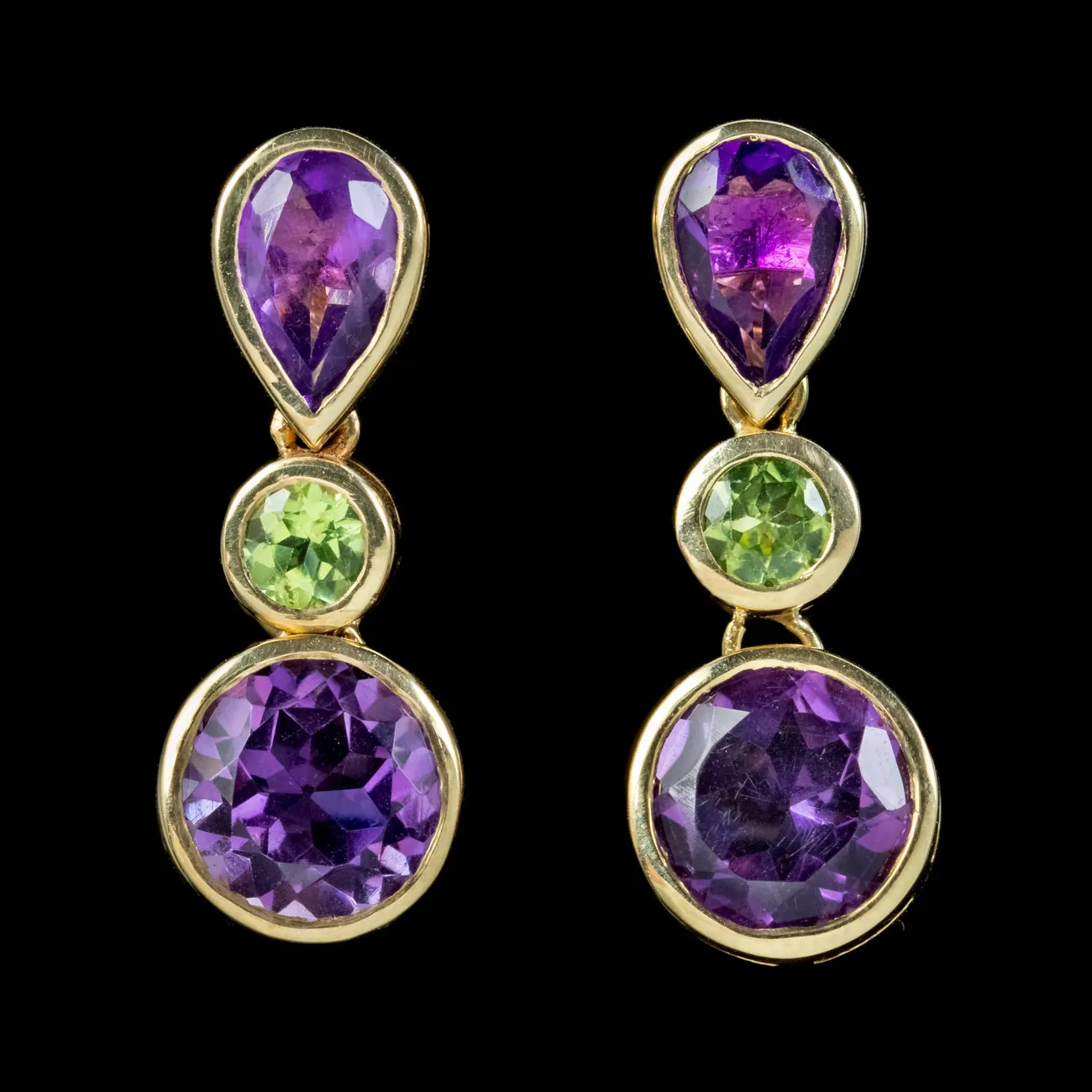 Art Deco Style Amethyst Peridot Drop Earrings 9ct Gold