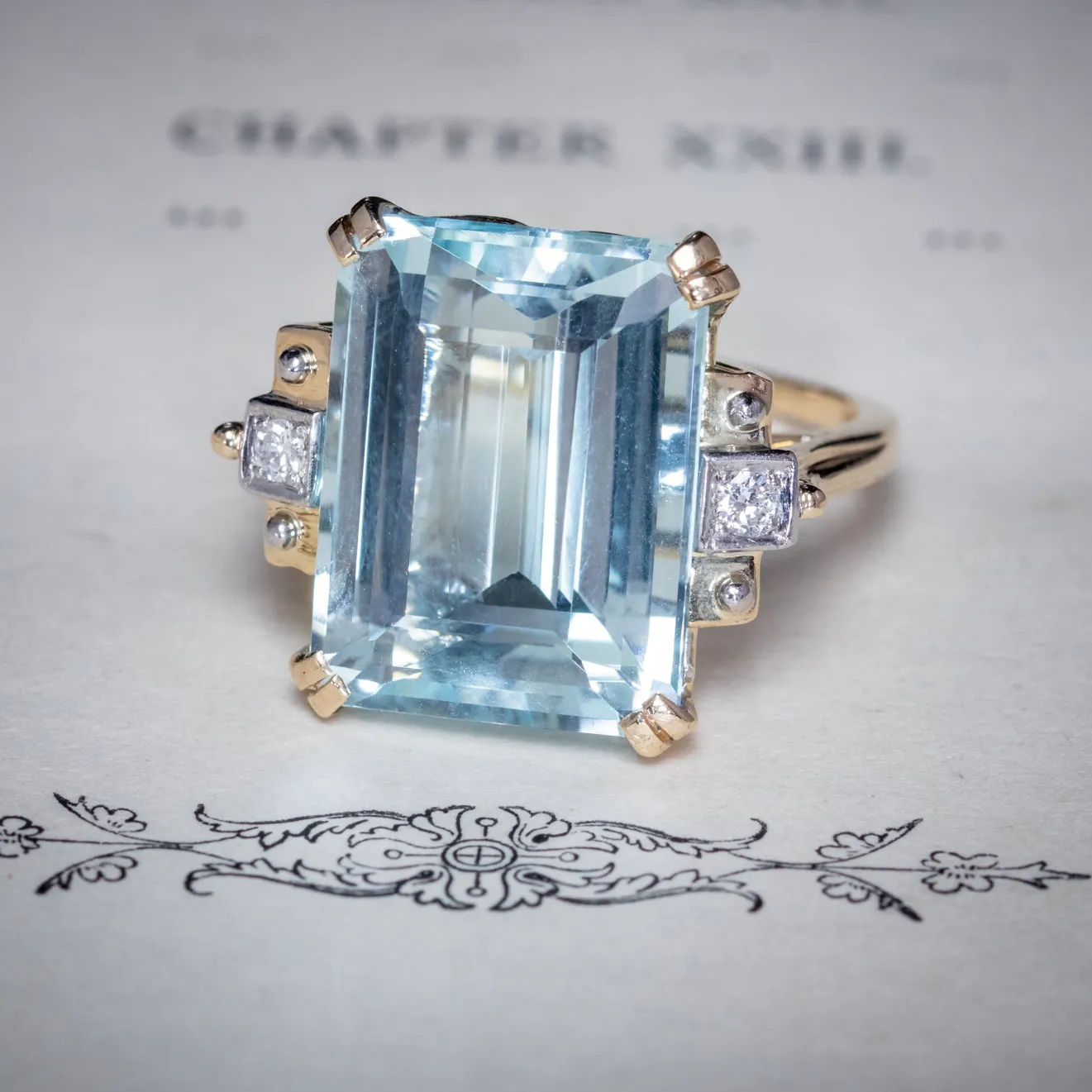 Art Deco Style Aquamarine Diamond Ring 14ct Gold 12ct Aqua