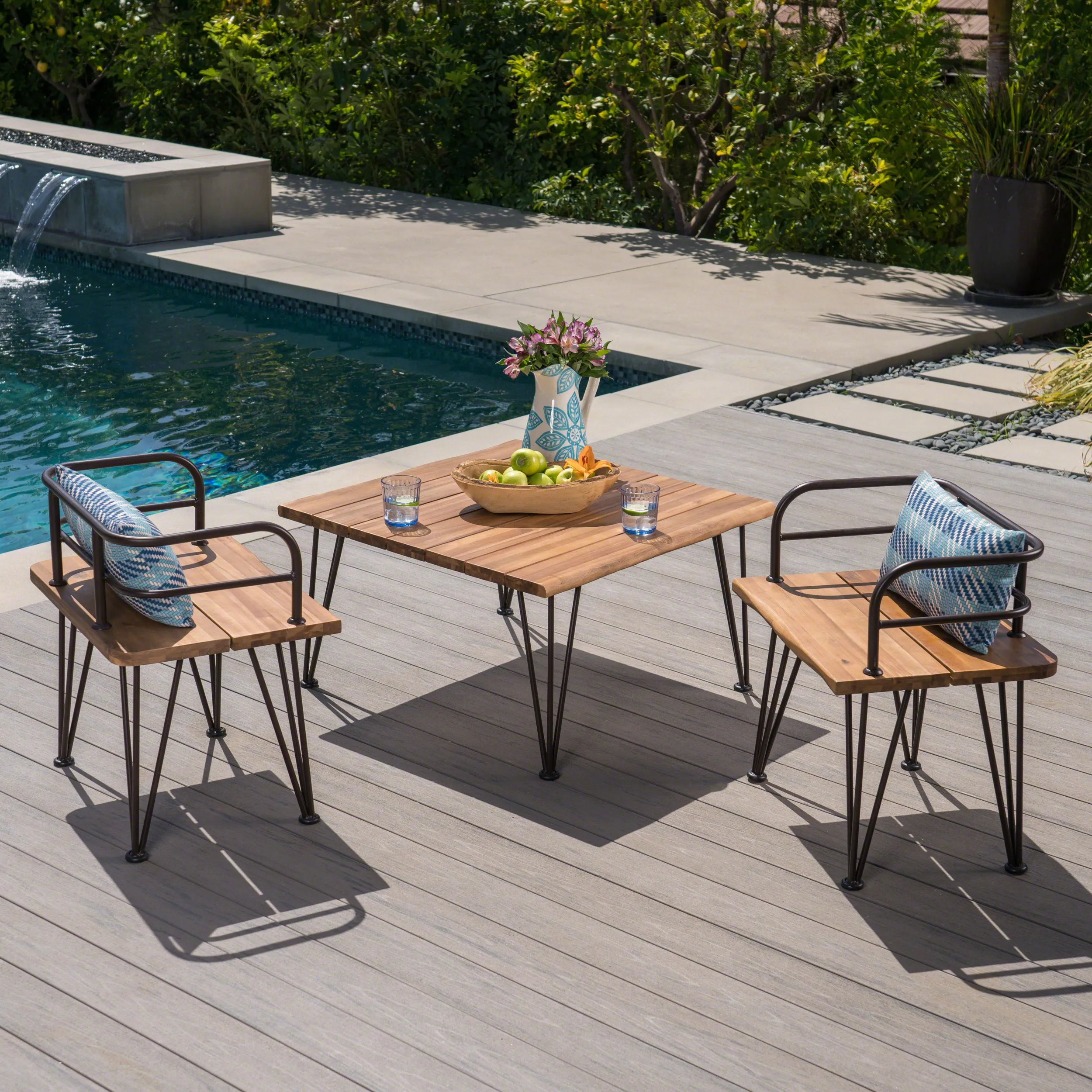 Avy Outdoor Rustic Industrial Acacia Wood Coffee Table Chat Set with Metal Hairpin Legs, Teak