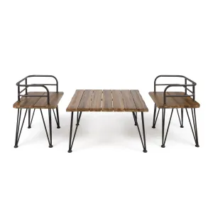 Avy Outdoor Rustic Industrial Acacia Wood Coffee Table Chat Set with Metal Hairpin Legs, Teak