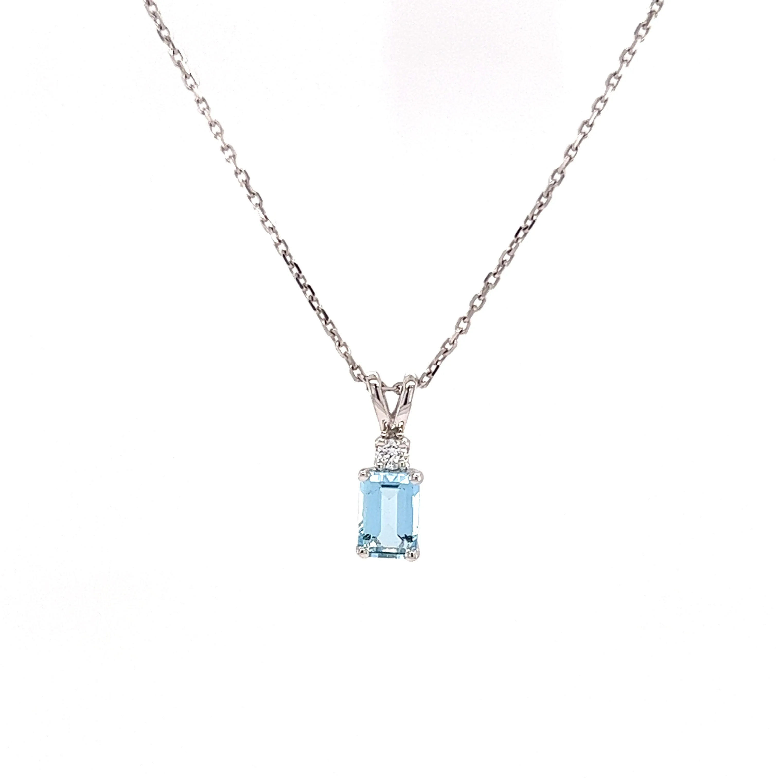 Baguette Aquamarine Pendant with One Accent Diamond in 14K White Gold