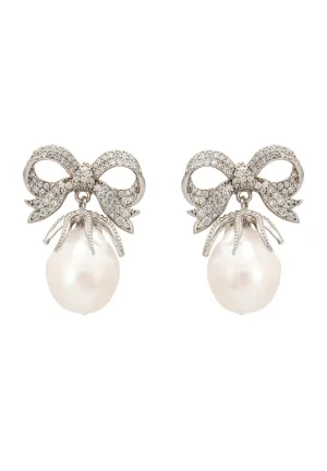 Baroque Pearl Ribbon And Bows Drop Earrings Silver