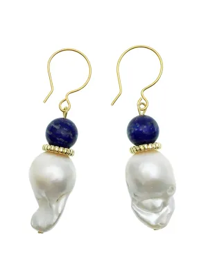 Baroque Pearls With Lapis Hook Earrings CE005