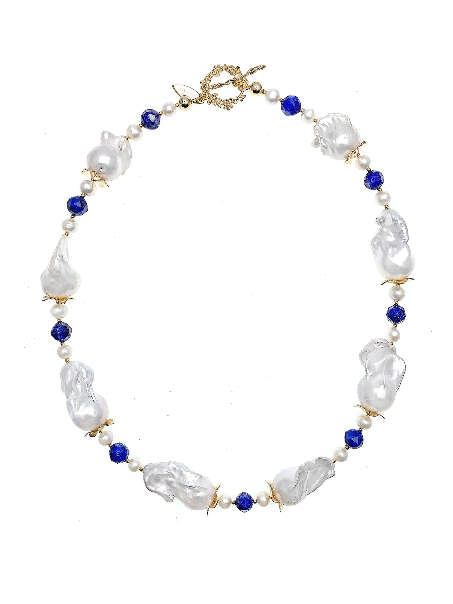 Baroque Pearls With Lapis Short Necklace HN002