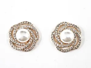 Beautiful Swirl CZ Frame With Center Pearl Gold Tone Brass Stud Earrings