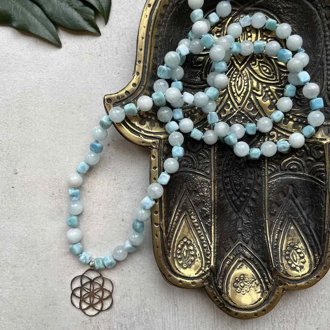 Blue Aquamarine and Larimar gemstone Mala with Silver Flower of Life pendant